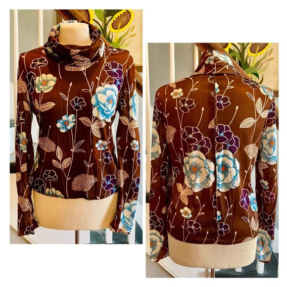 Handmade Tops - 1970s Brown Floral Psychedelic Flower Power Disco Art Nouveau Cowl Neck Top